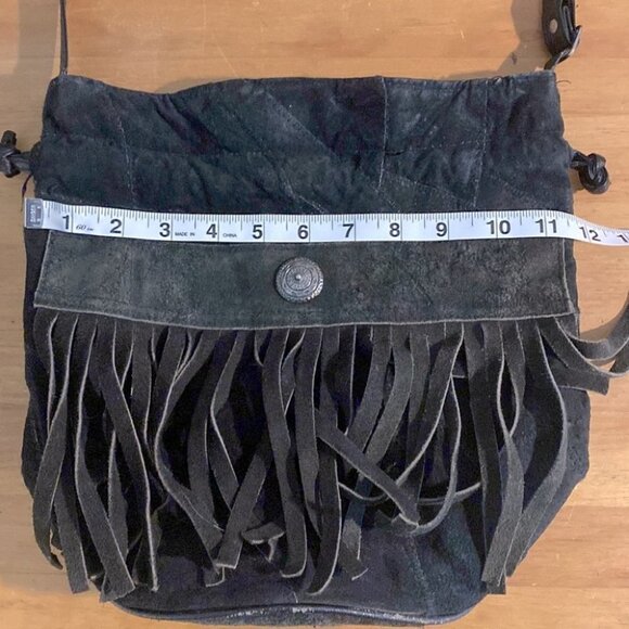 Vintage Leather Patchwork Black Brown Colour Block Bucket Bag Purse With Fringe - Picture 9 of 12